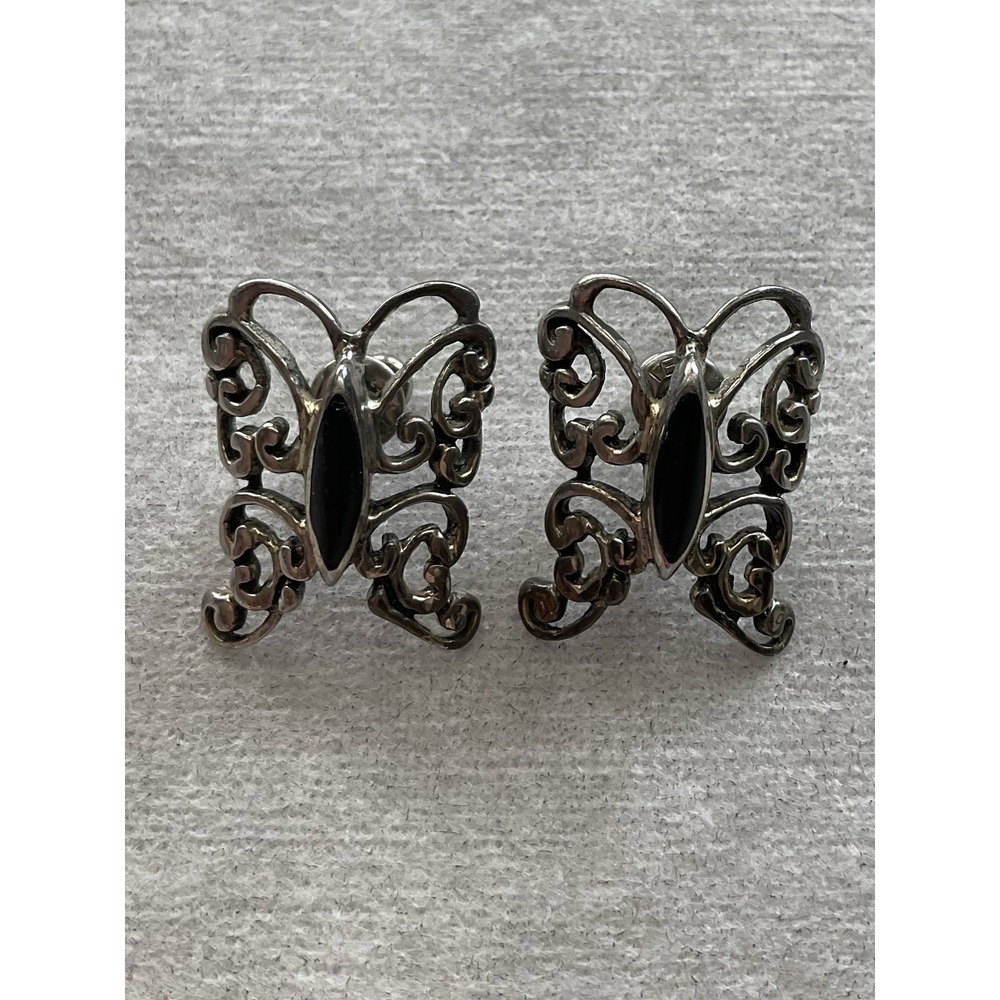 ornate sterling silver butterfly earrings Vintage 925 Black Onyx Estate Jewelry